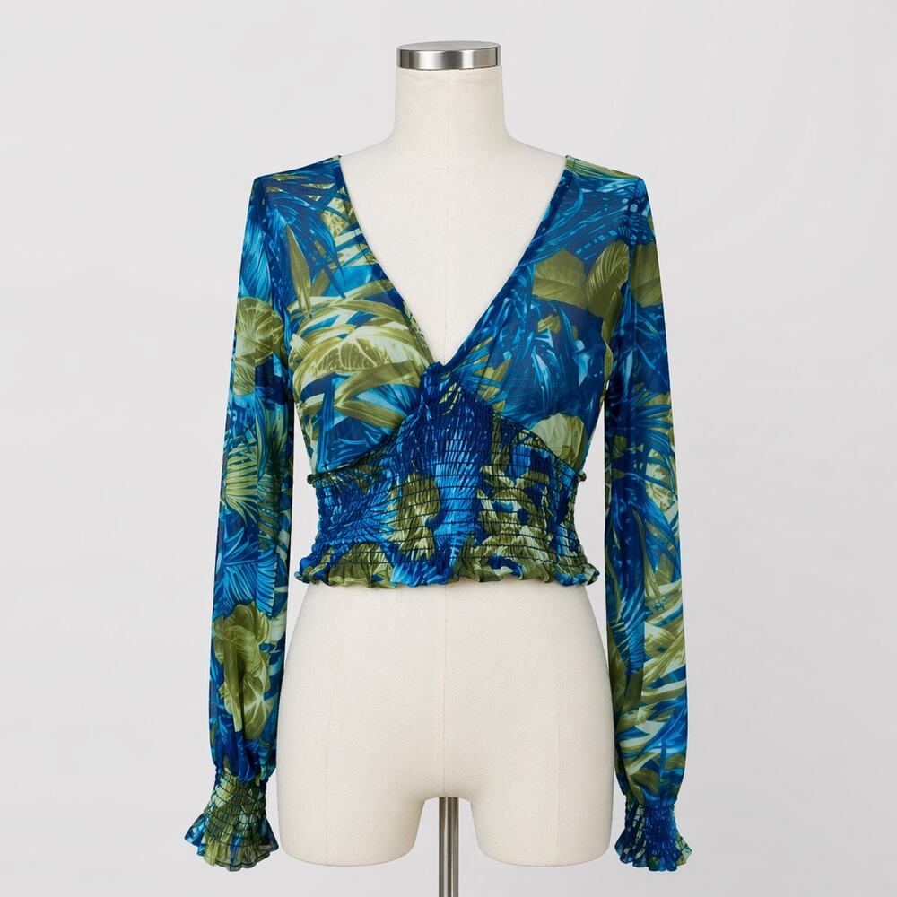 Vintage Y2K Toska Floral Crop Top Smock Waist V-Neck Long Sleeve USA Made Small